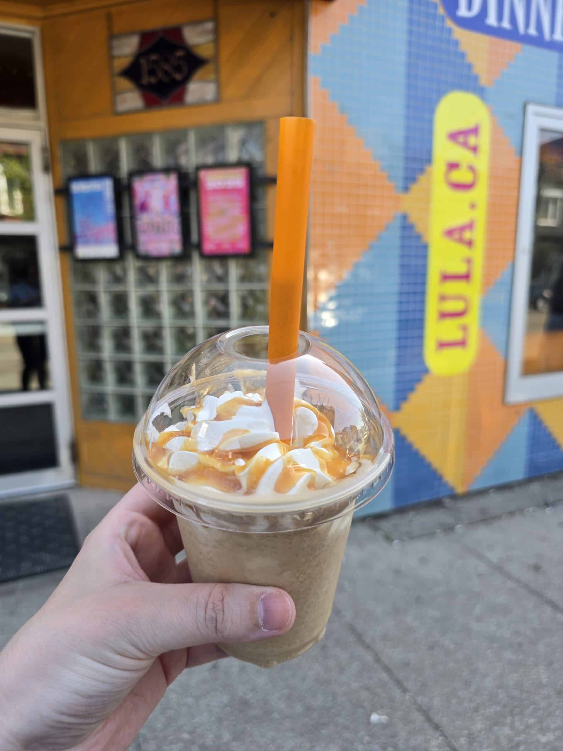 A Brockton Iced Cap coffee with caramel sauce outside Lula Lounge Brazilian dance club in Toronto.